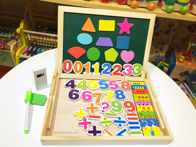 Bộ hộp gỗ bảng chữ số học đếm và các loại hình khối có từ tính nam châm