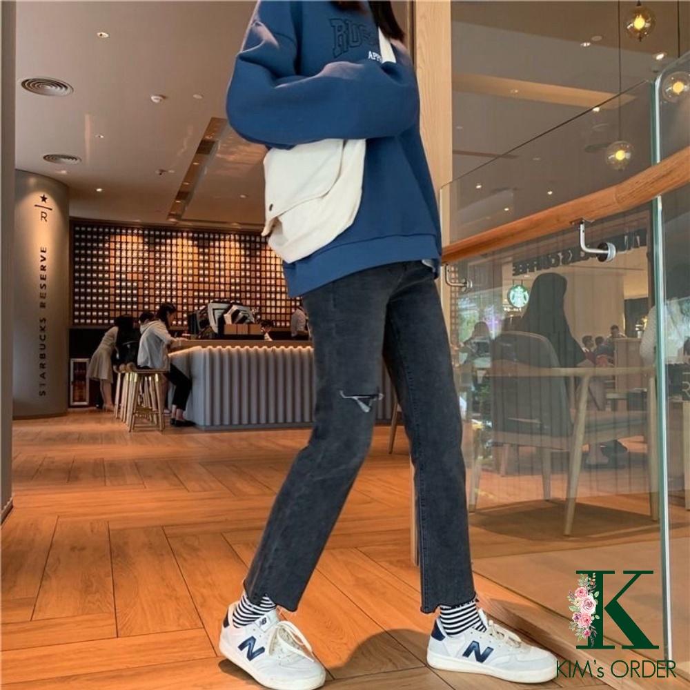 Quần jean nữ ống rộng dáng suông rách ống rách gấu màu xanh cạp lưng cao Ulzzang Quảng Châu cao cấp đủ size hot trend