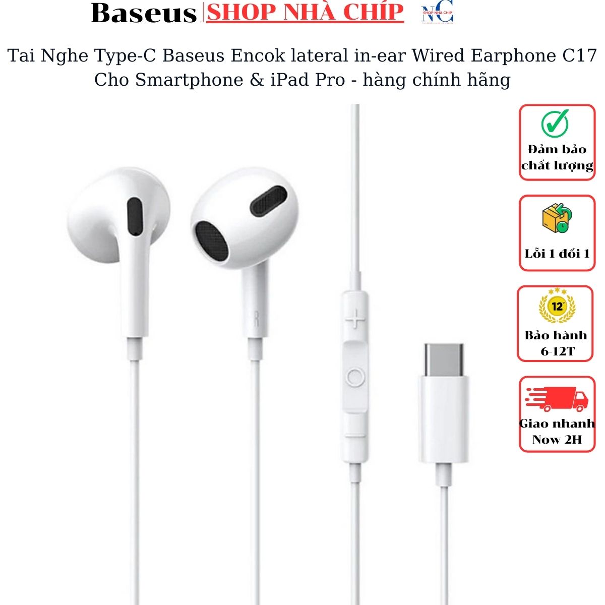 Tai Nghe Type-C Baseus Encok lateral in-ear Wired Earphone C17 Cho Smartphone & iPad Pro - hàng chính hãng