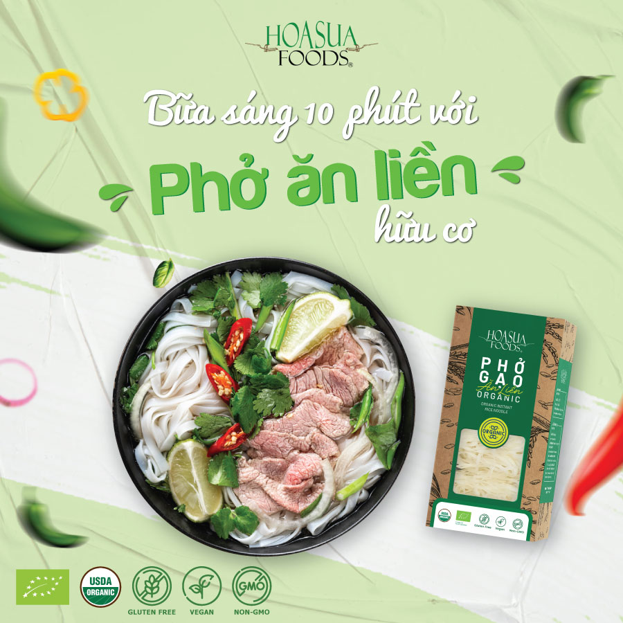 Phở gạo ăn liền hữu cơ HOA SUA FOODS 360g - dai, ngon, an toàn, 100% organic