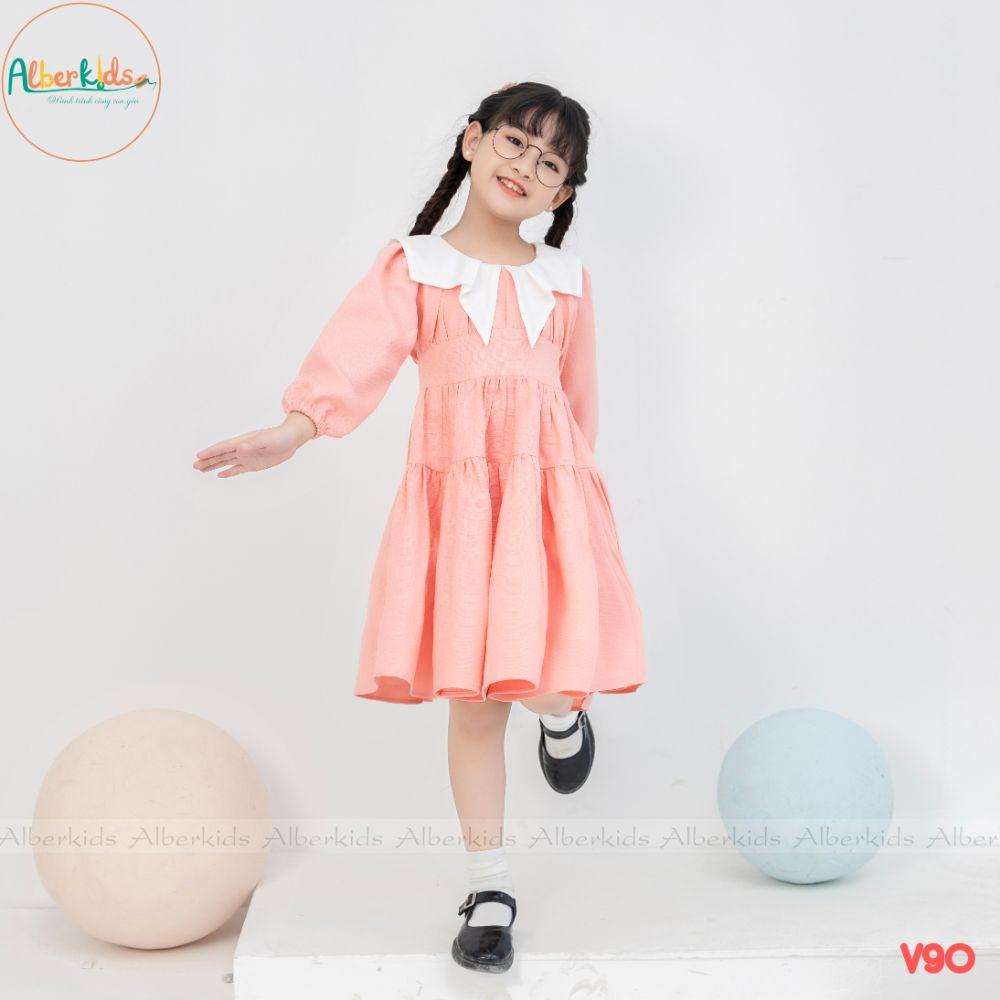 Váy cho bé gái ALBER KIDS 2 tầng phối cổ V cách điêu công chúa xinh đẹp cho trẻ em 2,3,4,5,6,7,8,9,10,11,12 tuổi