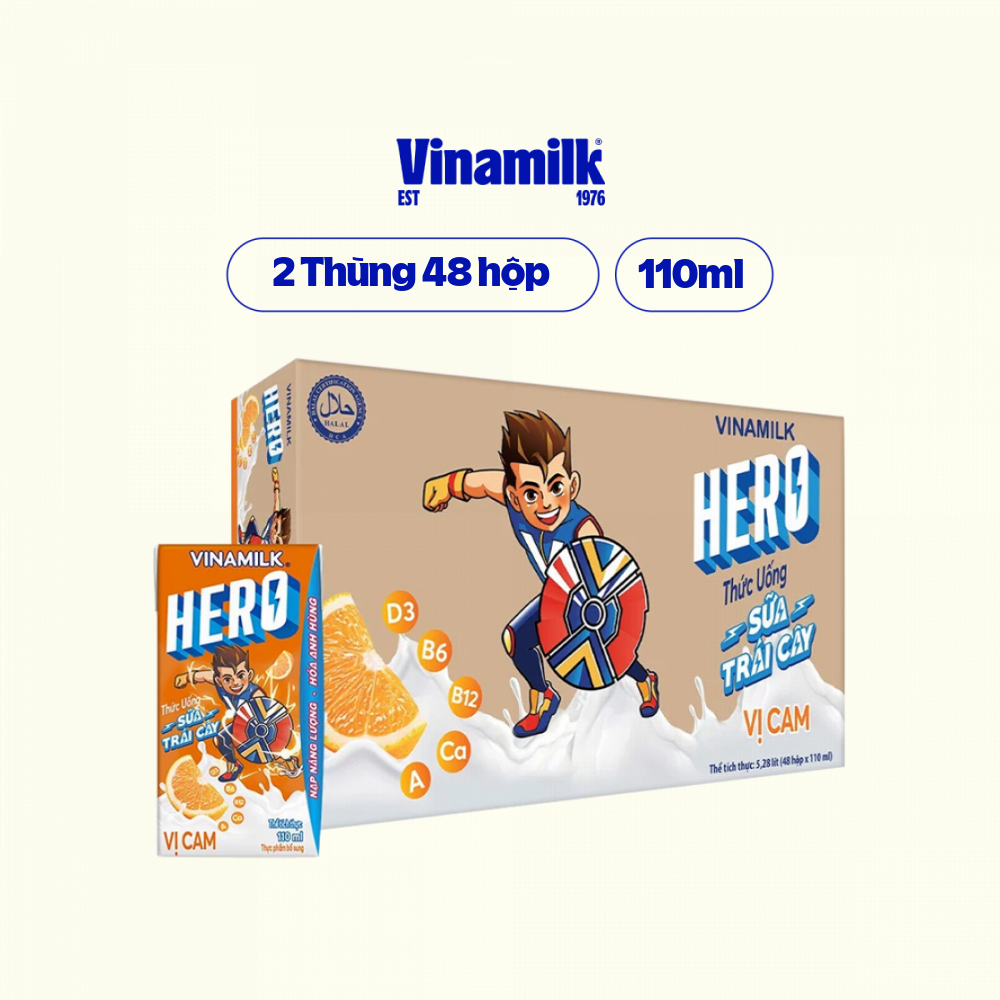 THỨC UỐNG SỮA TRÁI CÂY HERO VỊ CAM - THÙNG 48 HỘP X 110ML