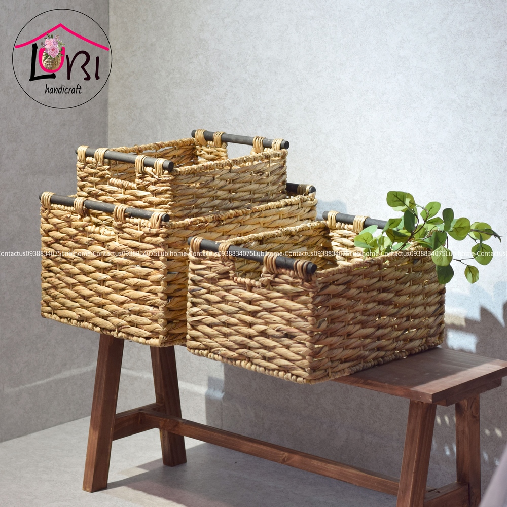 Lubihandicraft - Sọt lục bình đựng đồ quai gỗ đen - đẹp, sang trọng