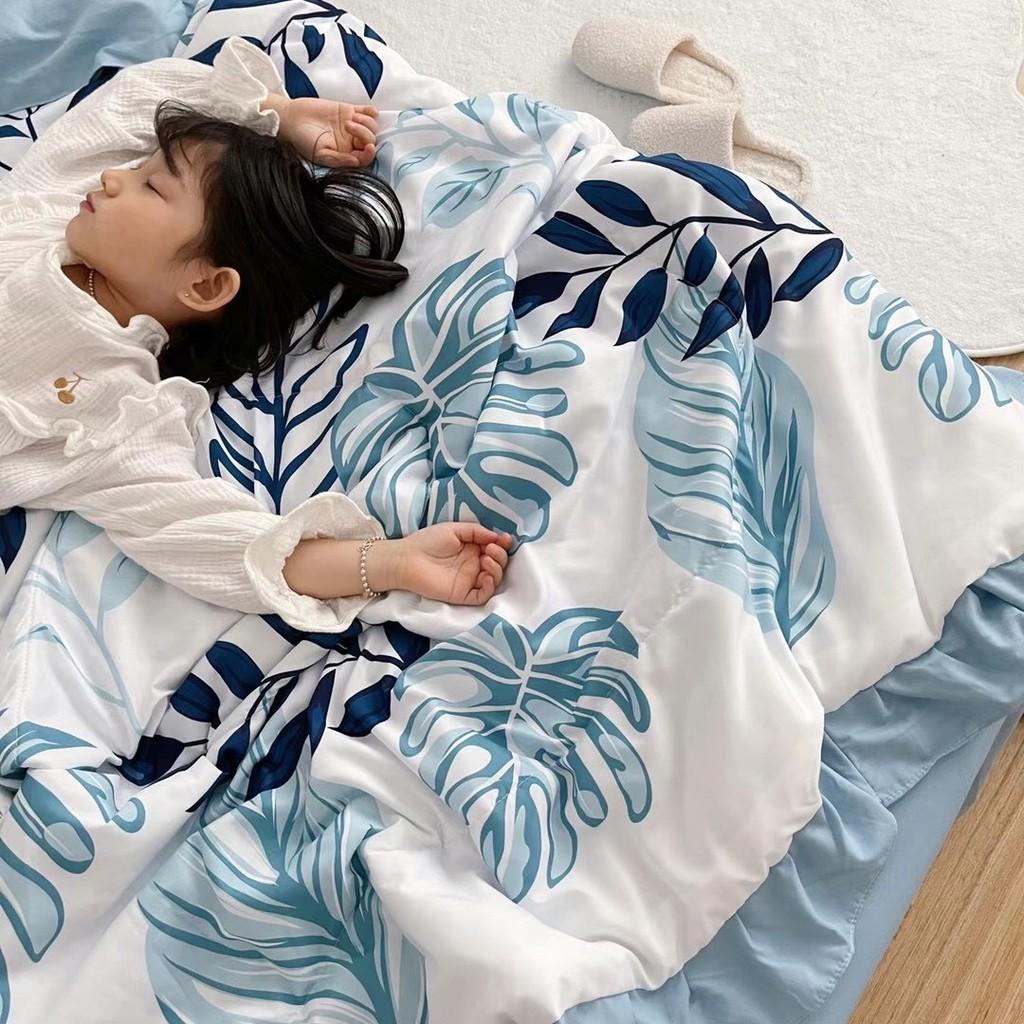 Bộ chăn đũi hè vỏ ga và 2 vỏ gối M2T bedding chăn lót bông thiết kế phối bèo họa tiết lá cọ xanh