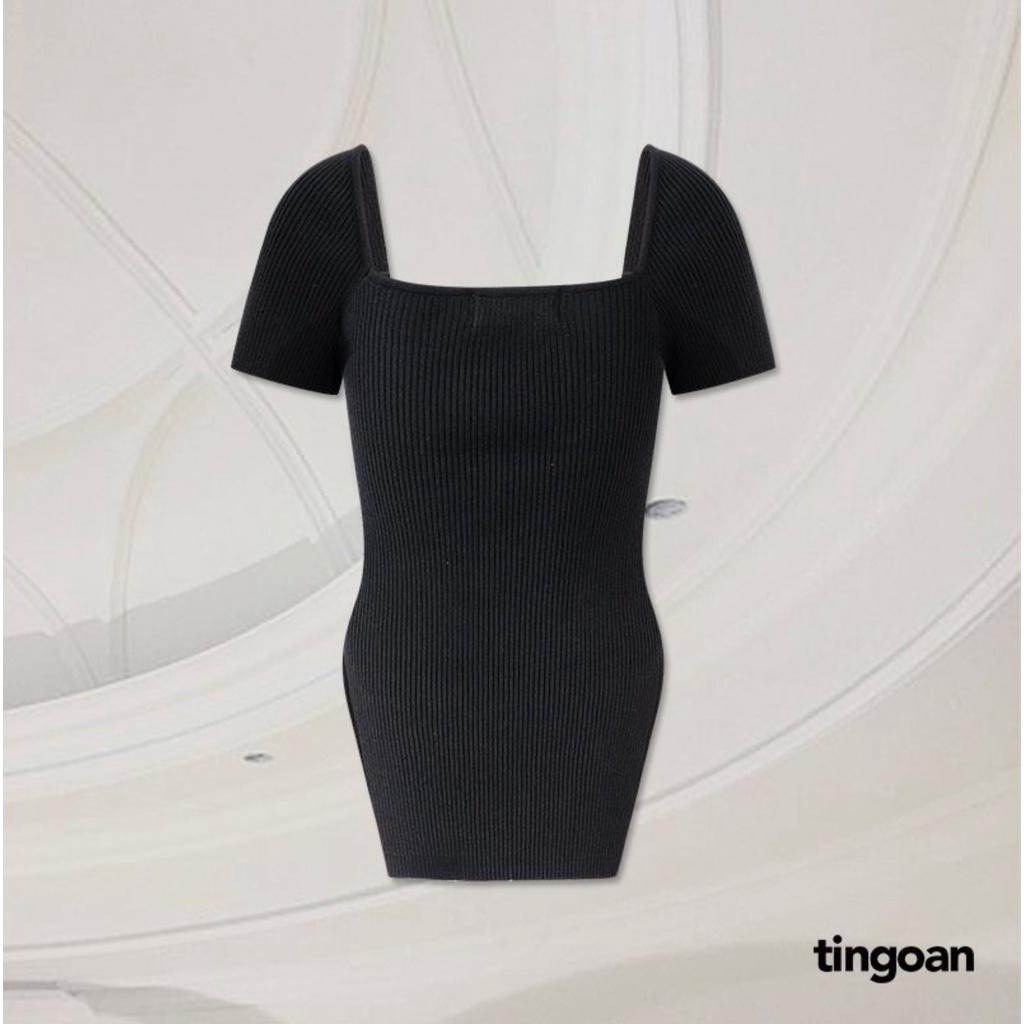 Áo len lượn viền sẻ vạt thân đen tingoan SHORT CAKE TOP/BL