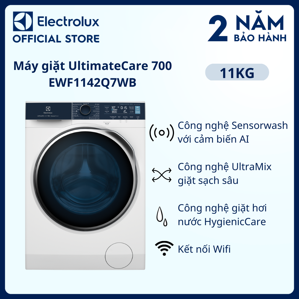 Máy giặt cửa trước Electrolux 11kg UltimateCare 700 - EWF1142Q7WB - Giặt sạch sâu, không cặn giặt tẩy, diệt 99.9% vi khuẩn, kết nối Wifi, tư vấn chăm sóc quần áo