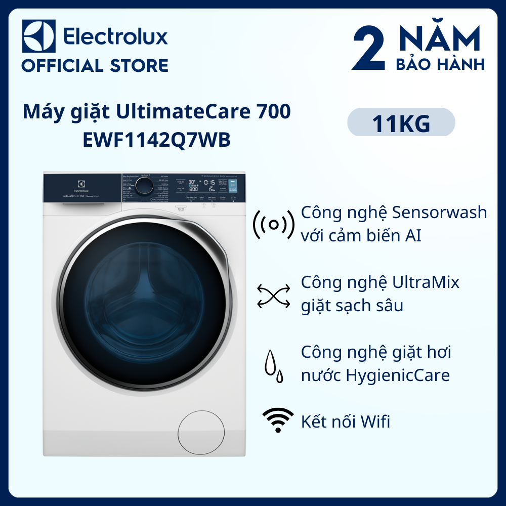 [Free Giao lắp] Máy giặt cửa trước Electrolux 11kg UltimateCare 700 - EWF1142Q7WB - Giặt sạch sâu, không cặn giặt tẩy, diệt 99.9% vi khuẩn, kết nối Wifi, tư vấn chăm sóc quần áo [Hàng chính hãng]