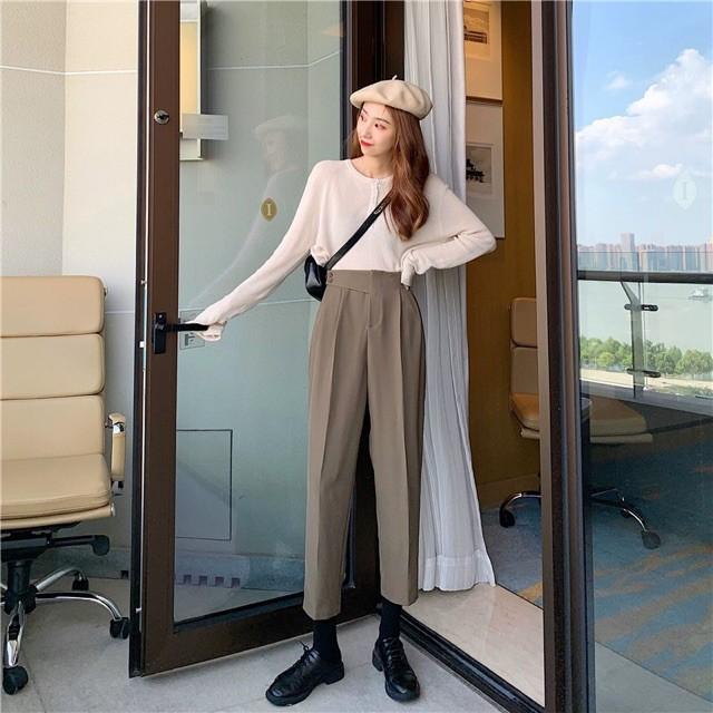 Quần Baggy nữ cạp cao phối vạt chéo 2 cúc màu đen vải mưa mềm đẹp mặc đi học chơi làm công sở đều xinh