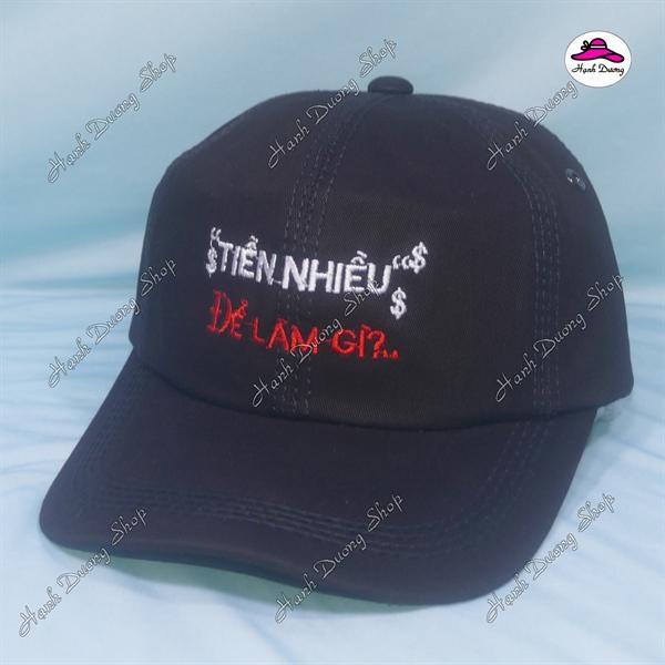 Nón kết thêu chữ Tiền Nhiều Để Làm Gì có khóa tăng giảm size phía sau - Đen