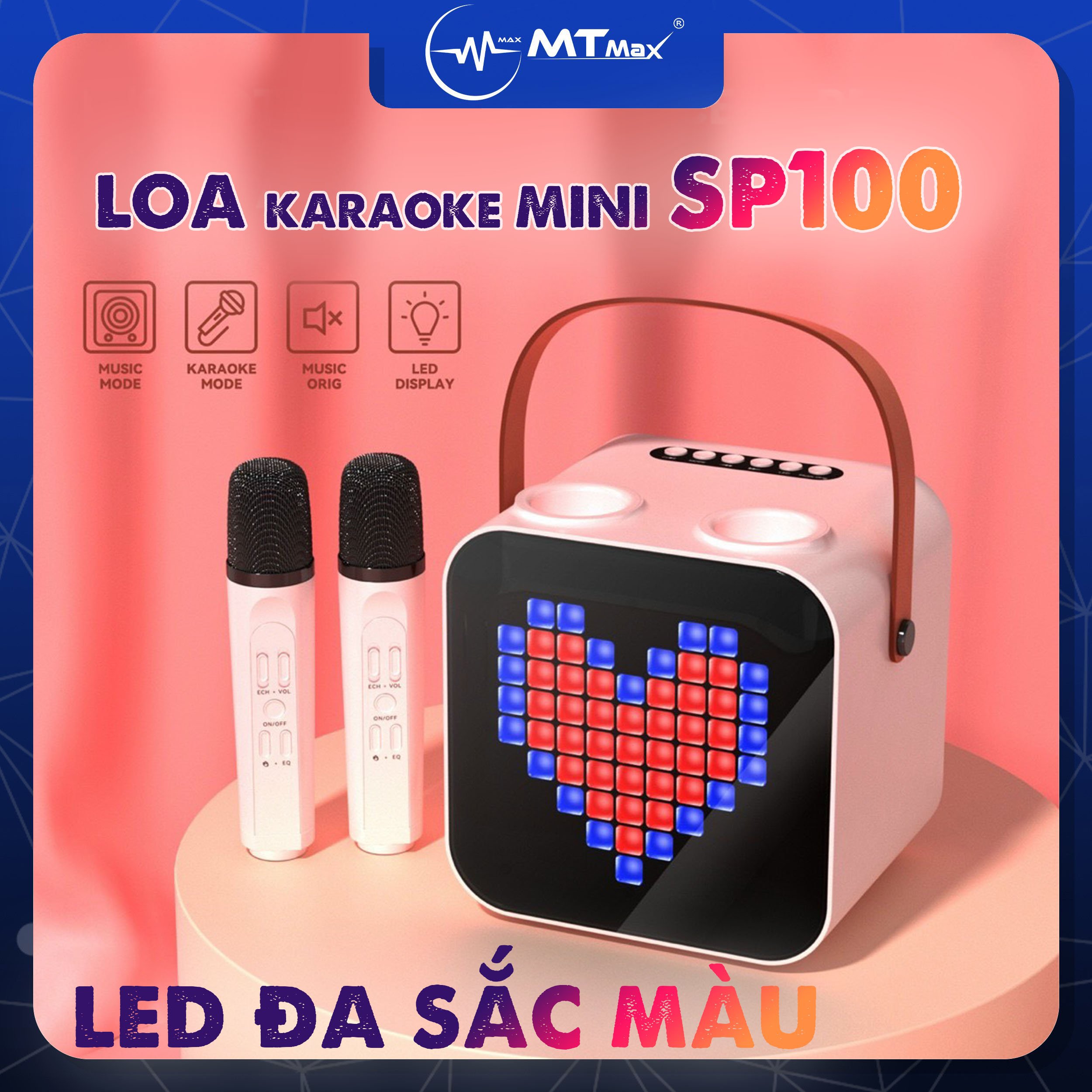 Loa Bluetooth Không Dây karaoke mini xách tay MTMAX SP100 kèm 2 micro không dây có đèn led nhỏ nhắn tiện lợi phục vụ nhu cầu ca hát mọi lúc mọi nơi hàng chính hãng