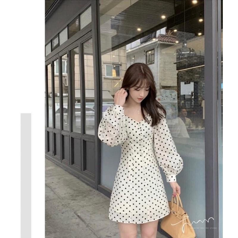 Đầm voan tơ nút bọc tay dài