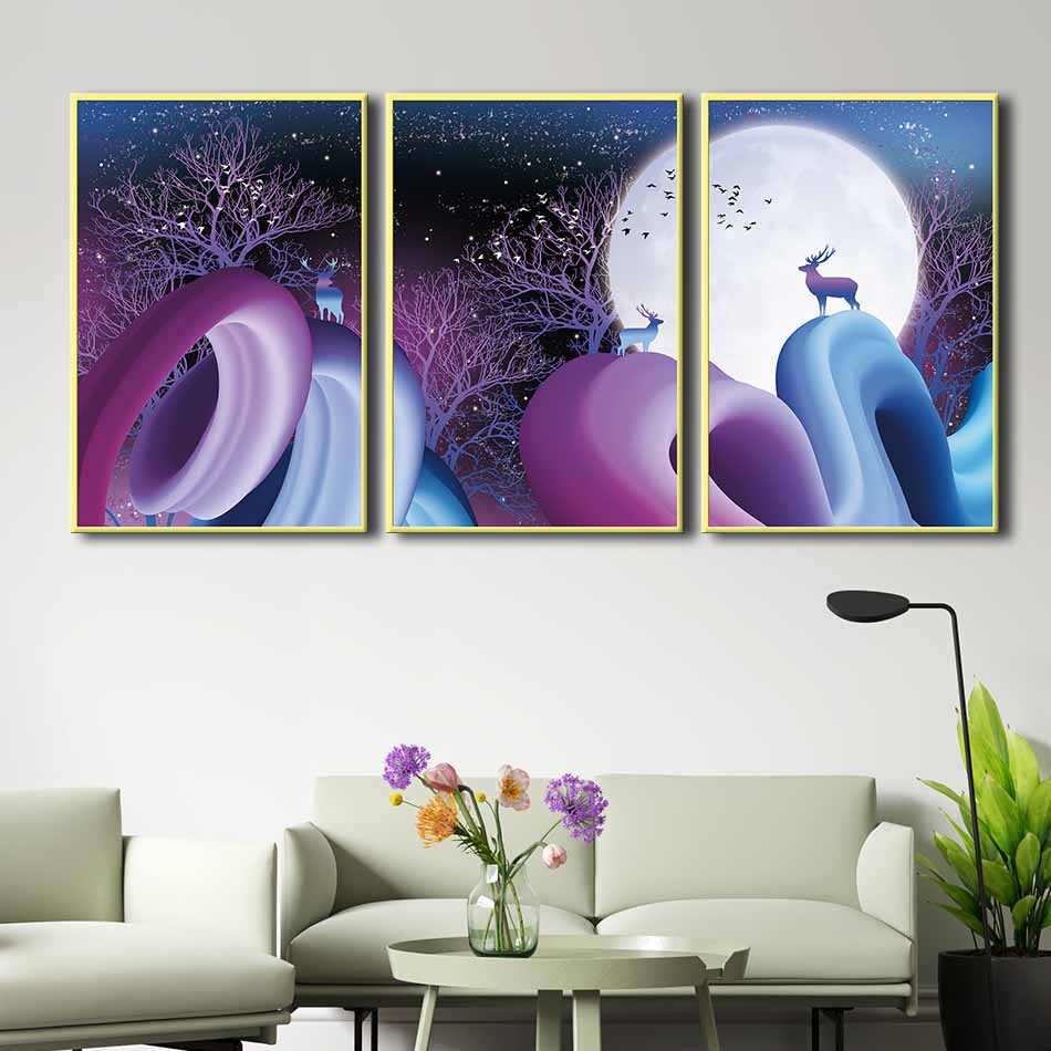 Bộ 3 tranh canvas treo tường Decor họa tiết cách điệu hươu và rừng cây, phong cách hiện đại, ấn tượng - DC059