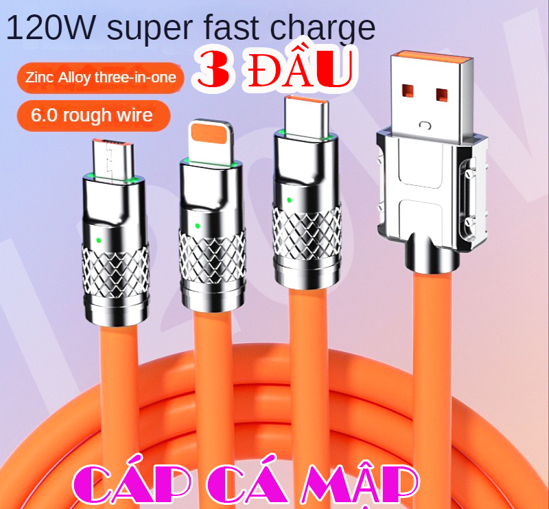 Cáp Sạc Nhanh 120W Cá Mập Bọc Thép 3 Đầu - MÀU NGẪU NHIÊN - JL