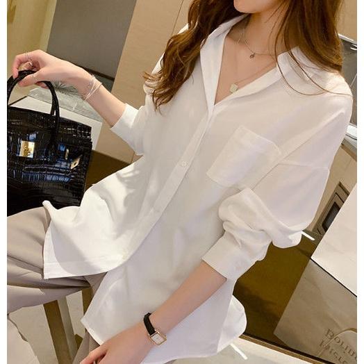 Áo Sơ Mi From Rộng MOLA Màu Trắng Dáng Dài 1 Túi Kiểu Hàn Quốc Vintage Ulzzang Tiểu Thư Bánh Bèo Chất Đũi