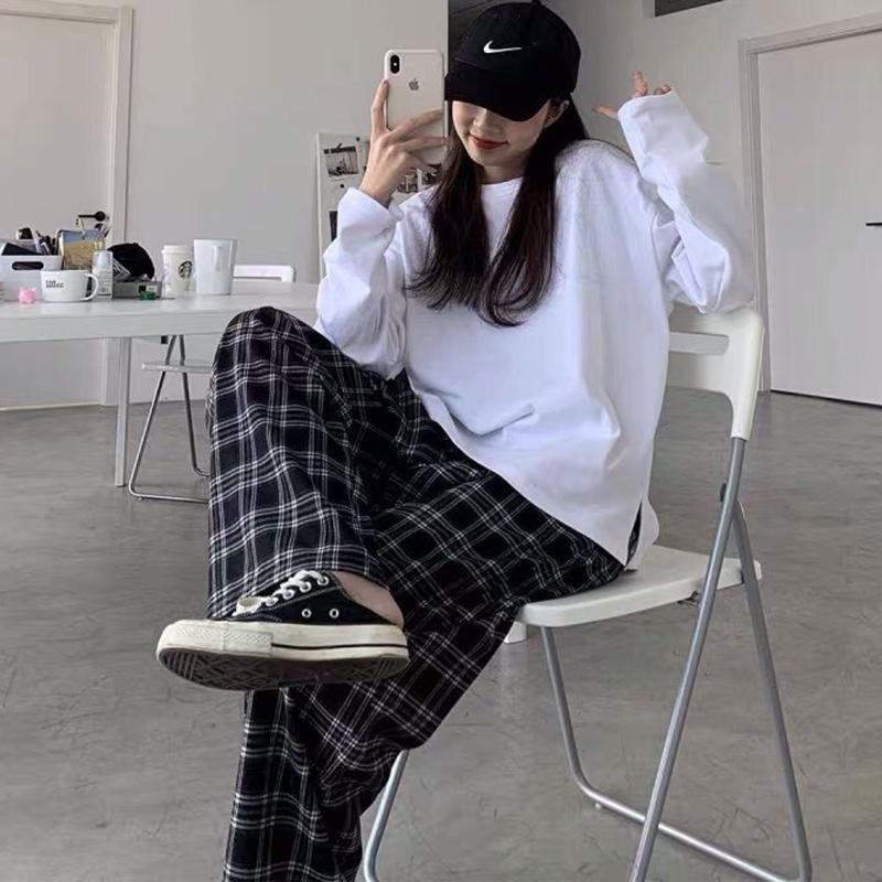 Quần baggy nữ nam unisex tây vải kaki SỌC CARO ống suông đen công sở đi học lưng cao ulzzang hàn quốc dây rút đẹp