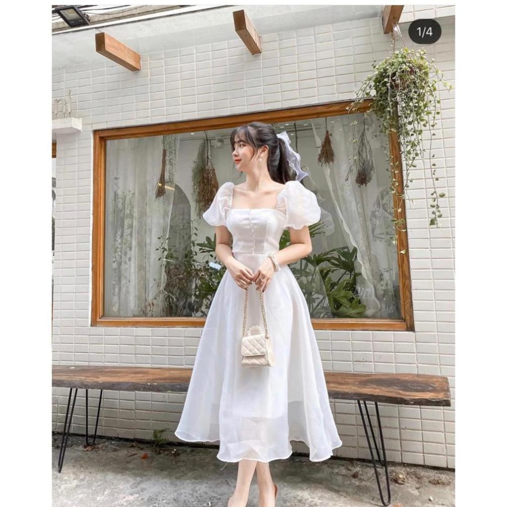 ĐẦM MIDI TRẮNG PHỐI NÚT BỌC TAY VOAN BÚP