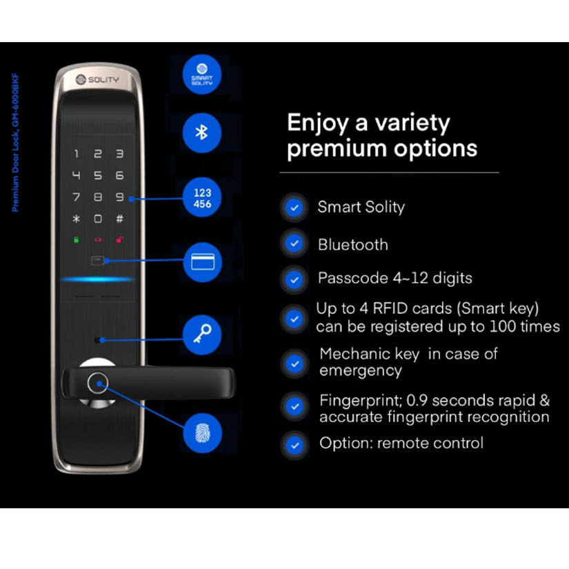 Khóa vân tay Solity GM-6000BK | Khóa thông minh Solity | Khóa điện tử Hàn Quốc nhập khẩu