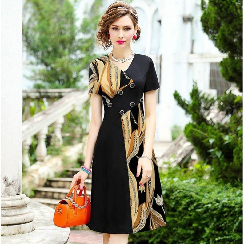 ĐẦM XOÈ ĐÍNH 6 NÚT PHỐI LỤA IN HOẠ TIẾT