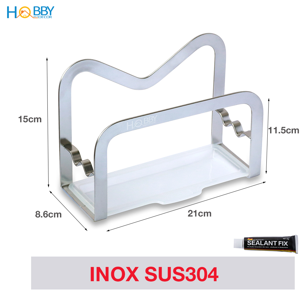 Kệ để thớt nắp vung HOBBY TT04 Inox 304 dán tường gạch men - có sẵn keo dán và không khoan - có khay hứng nước