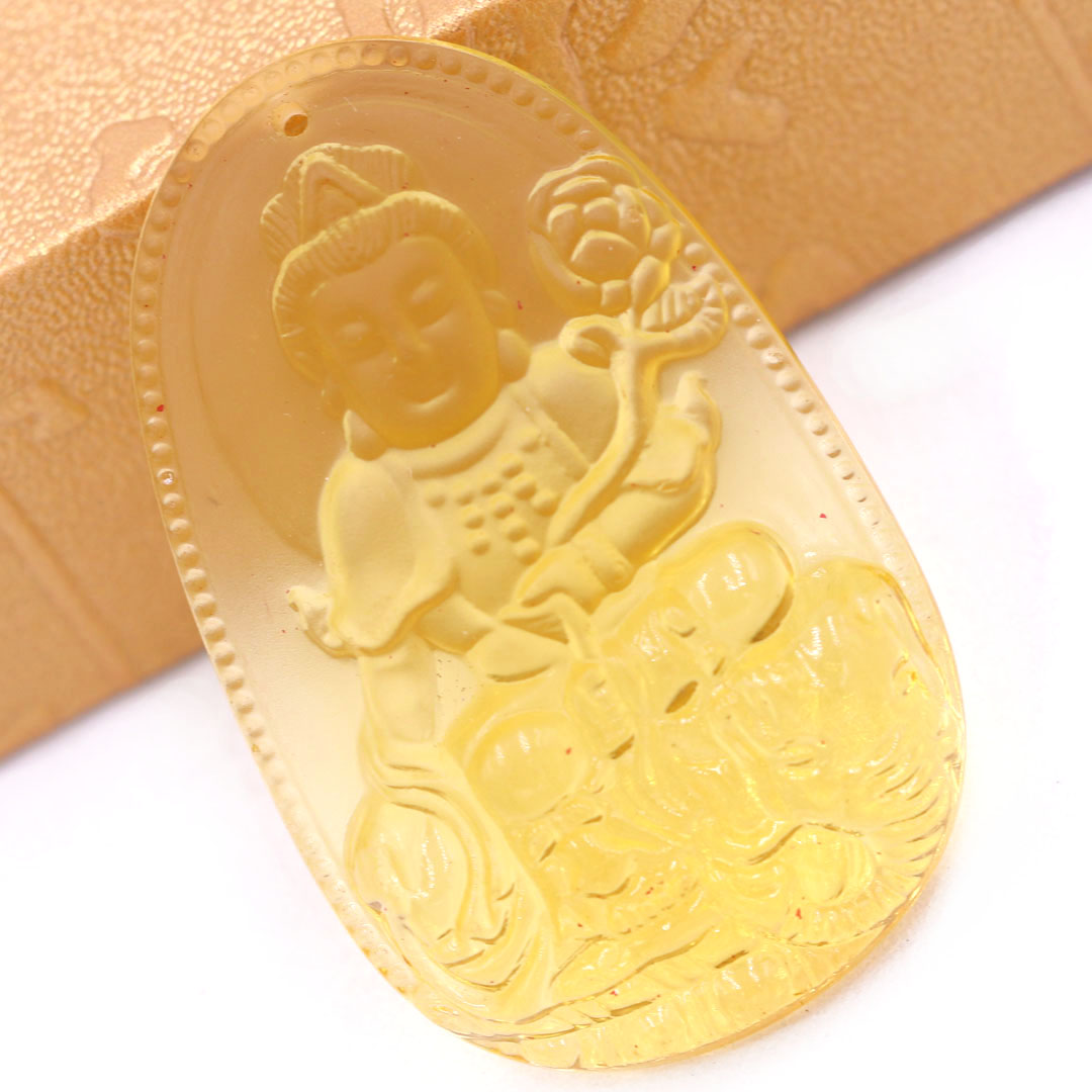 Mặt Phật Phổ hiền pha lê vàng 3.6 cm kèm móc và vòng cổ dây cao su đen, Mặt Phật bản mệnh