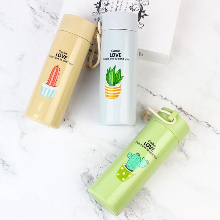 Bình đựng nước lõi thủy tinh bọc vỏ nhựa họa tiết xương rồng cute dung tích 400ml