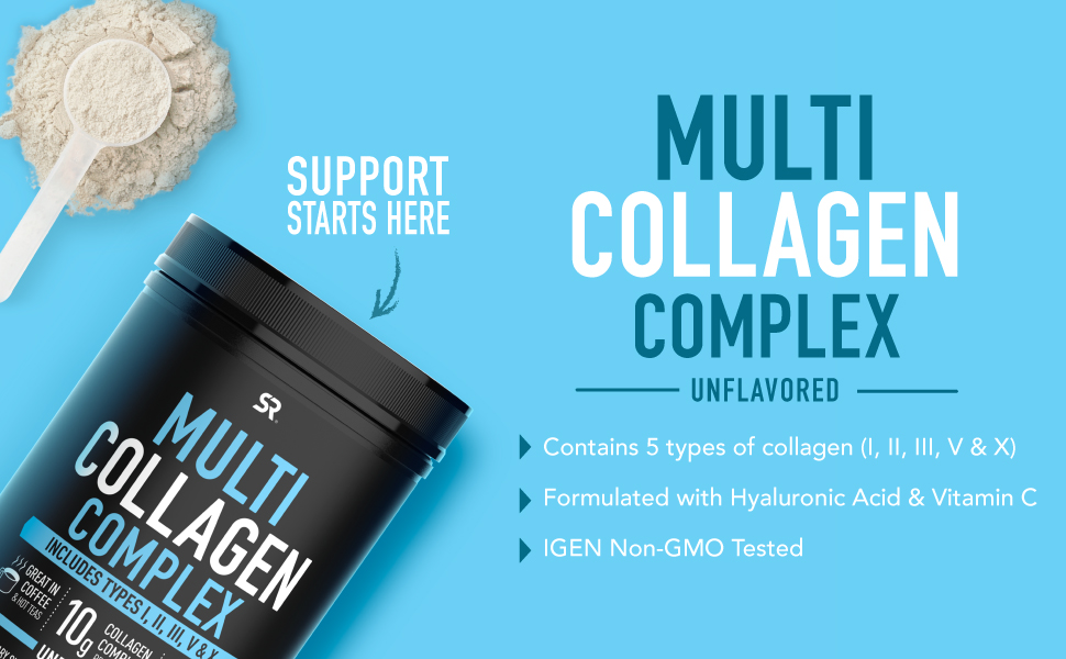 HŨ 302g BỘT ĐA COLLAGEN (5 LOẠI) SPORTS RESEARCH SR Multi Collagen Protein Powder, Vitamin C, Non-GMO (10.65 oz)