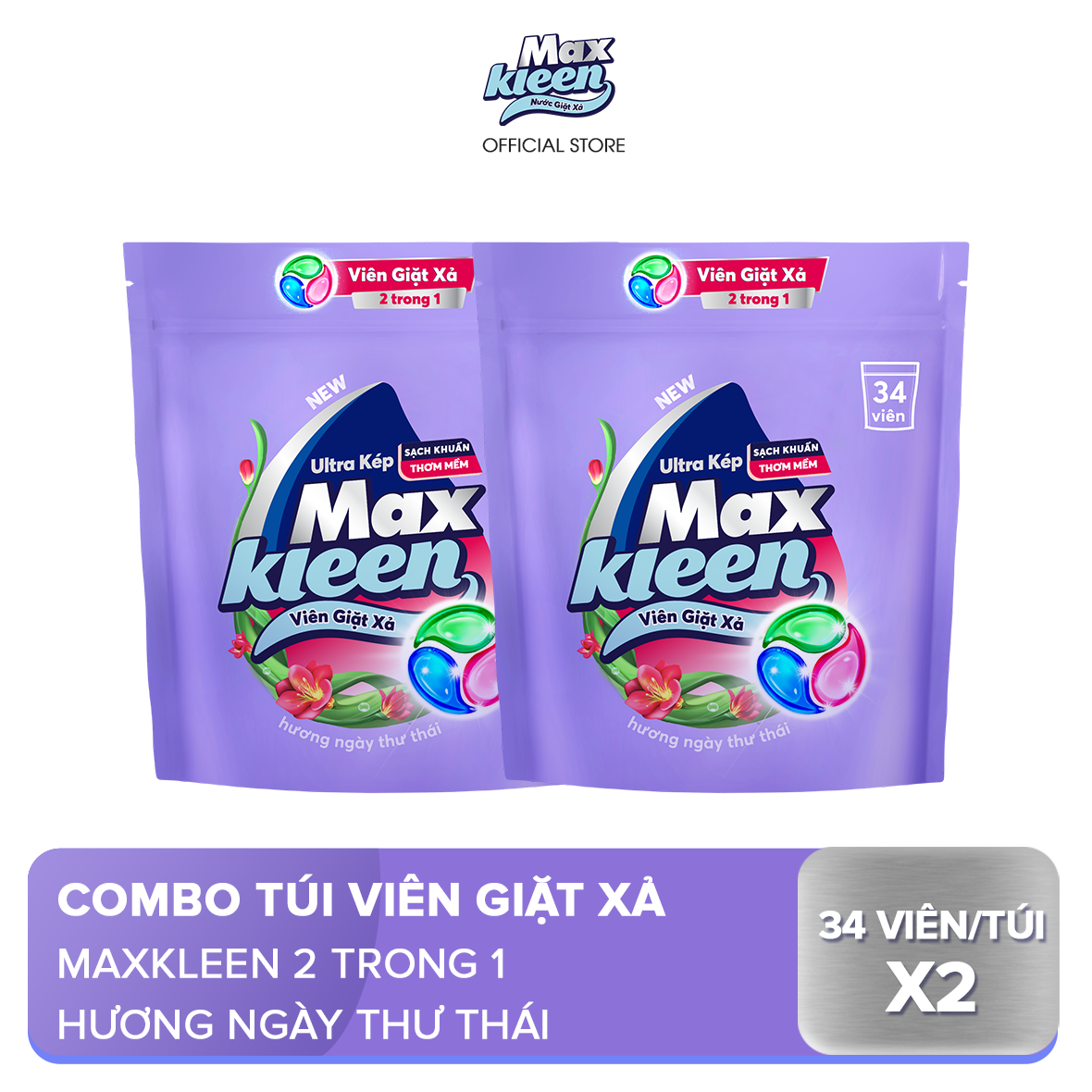 Combo 2 túi viên giặt xả MaxKleen Hương ngày thư thái (34 viên/ túi)