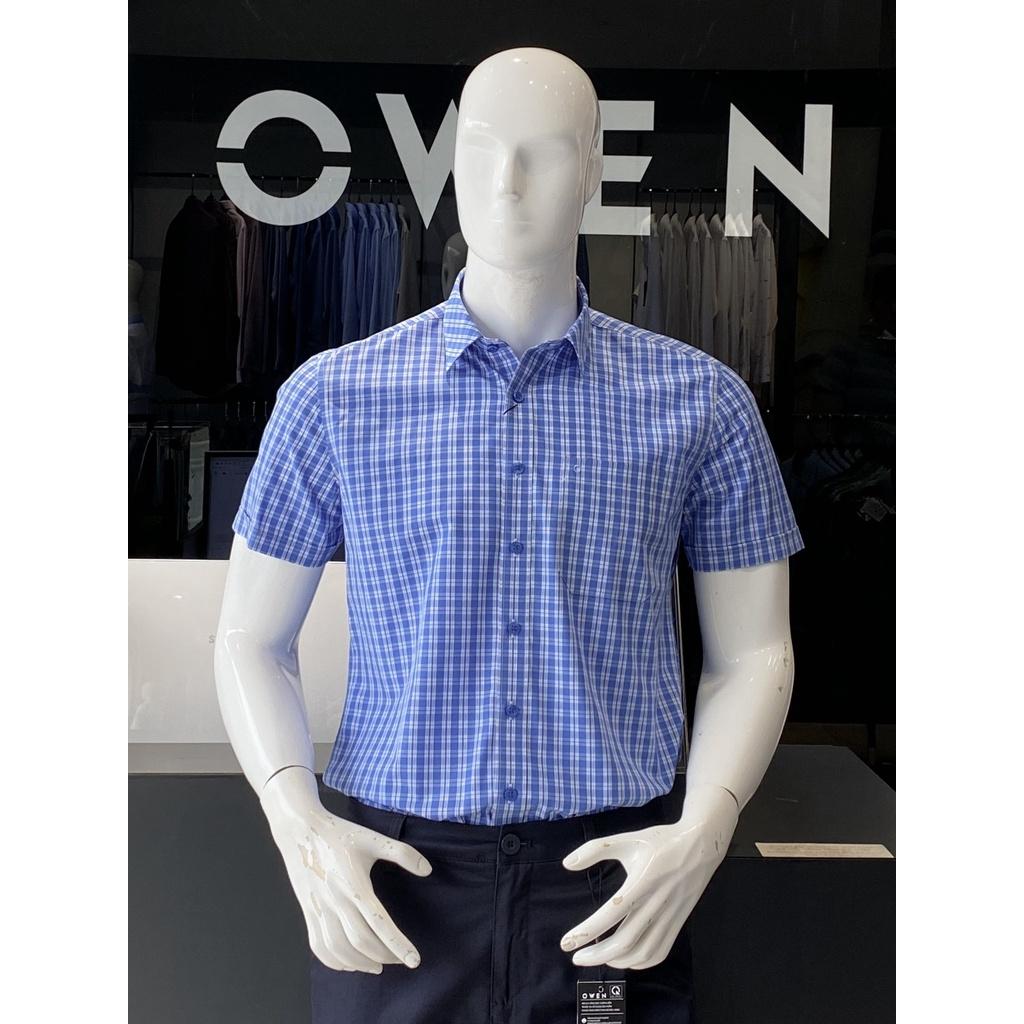 OWEN - Áo sơ mi ngắn tay Owen vạt ngang chất sợi tre kẻ ca rô nhỏ màu xanh dương 230123