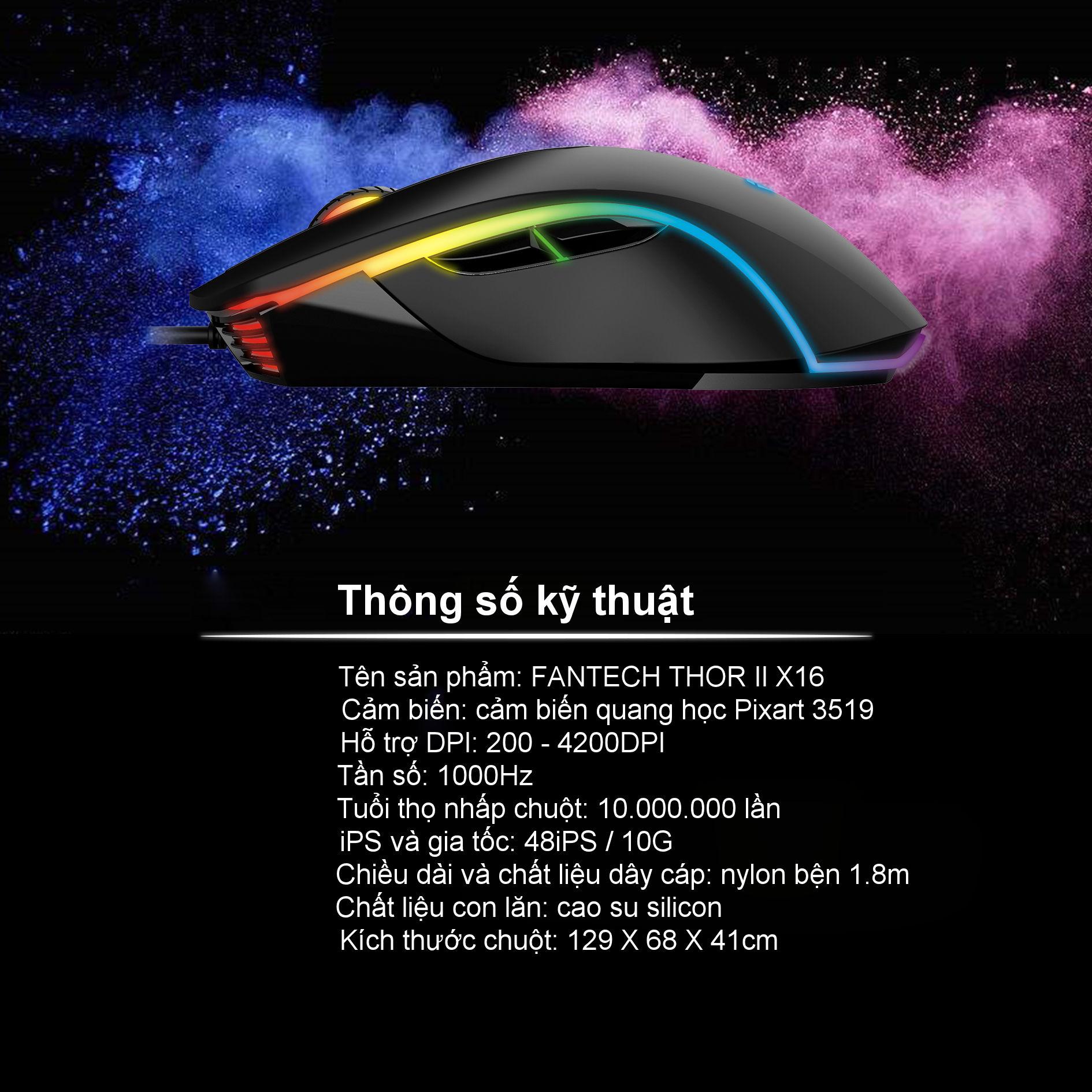 Chuột Gaming có dây Fantech X16 THOR II 4200DPI LED RGB 168 Triệu Màu 6 Phím Macro Có Phần Mềm Tùy Chỉnh Riêng - Hàng chính hãng