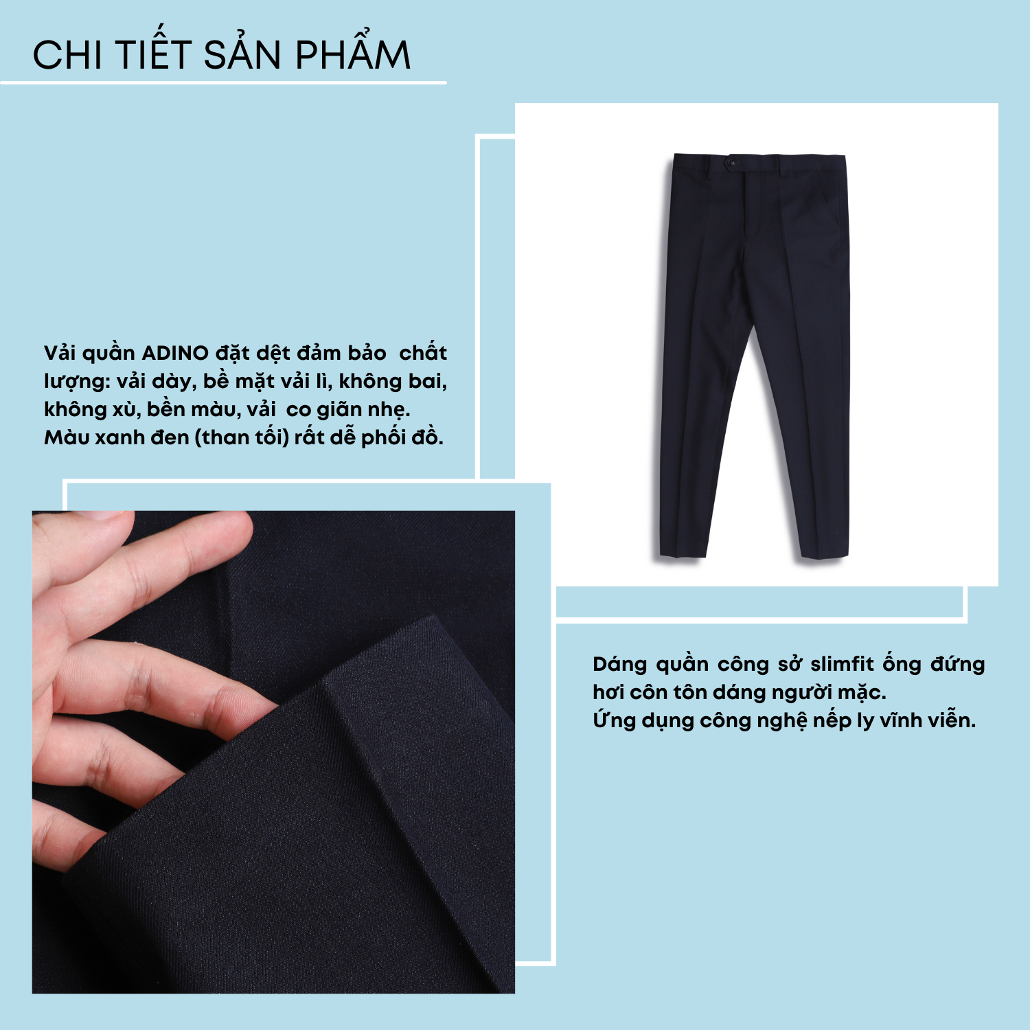 Quần tây âu công sở nam ADINO màu xanh đen (than tối) vải cotton dày không bai không xù co giãn nhẹ dáng công sở slimfit ống đứng hơi côn QA79