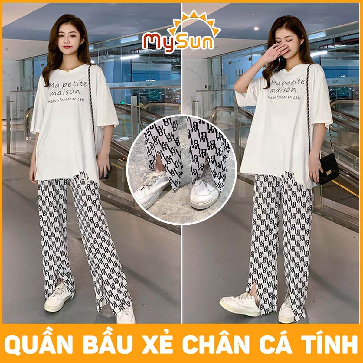 Quần dài công sở ống rộng karo lưng thun dành cho bà bầu mặc đẹp