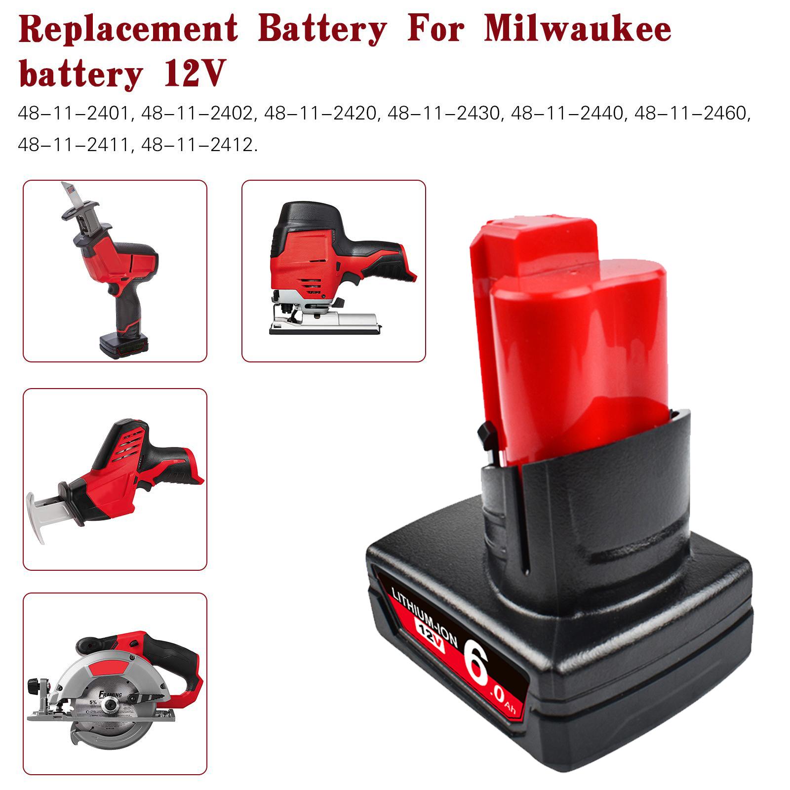 Pin Sạc Turpow 12V 6000mAh cho Dụng cụ không dây Milwaukee 12 XC 48-11-2402 48-11-2411 Pin 48-11-2401 MIL-12A-L Màu sắc: 2 cục 6000mAh