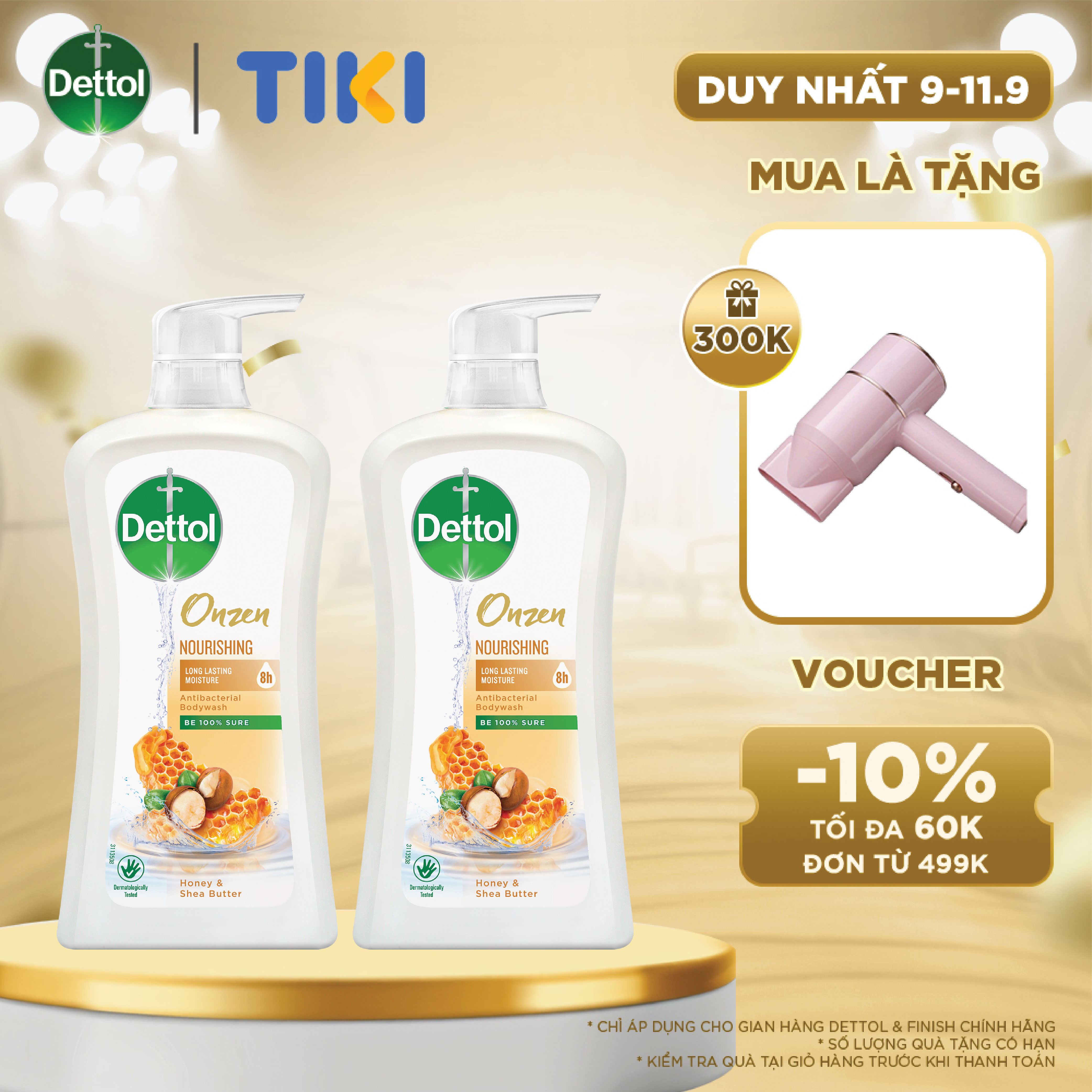 Combo 2 chai sữa tắm Dettol Onzen mật ong kháng khuẩn và dưỡng thể - chai 950G