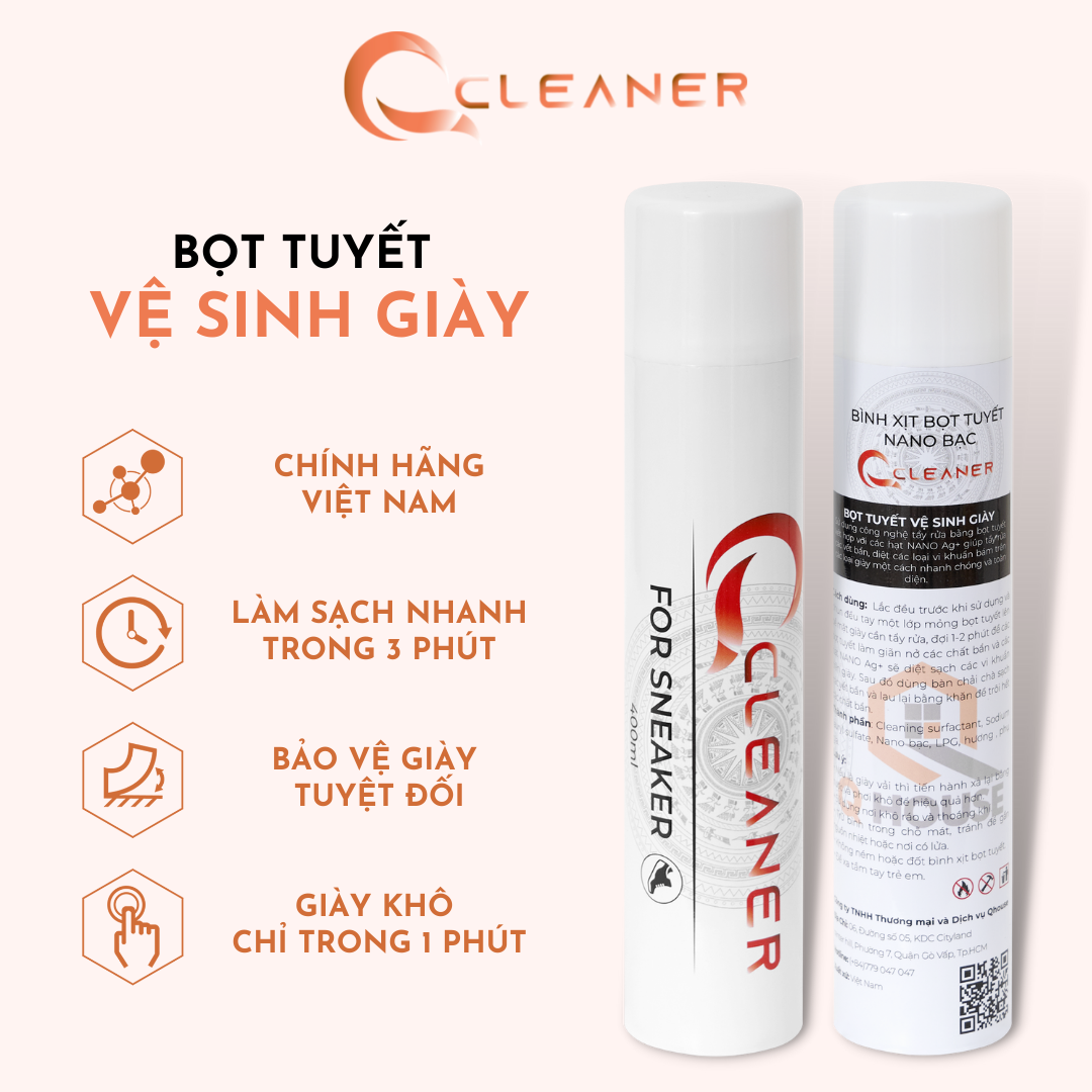 COMBO Chăm sóc giày Q Cleaner gồm Bọt tuyết vệ sinh giày và Bình xịt khử mùi giày - Xuất xứ tại Việt Nam - EU