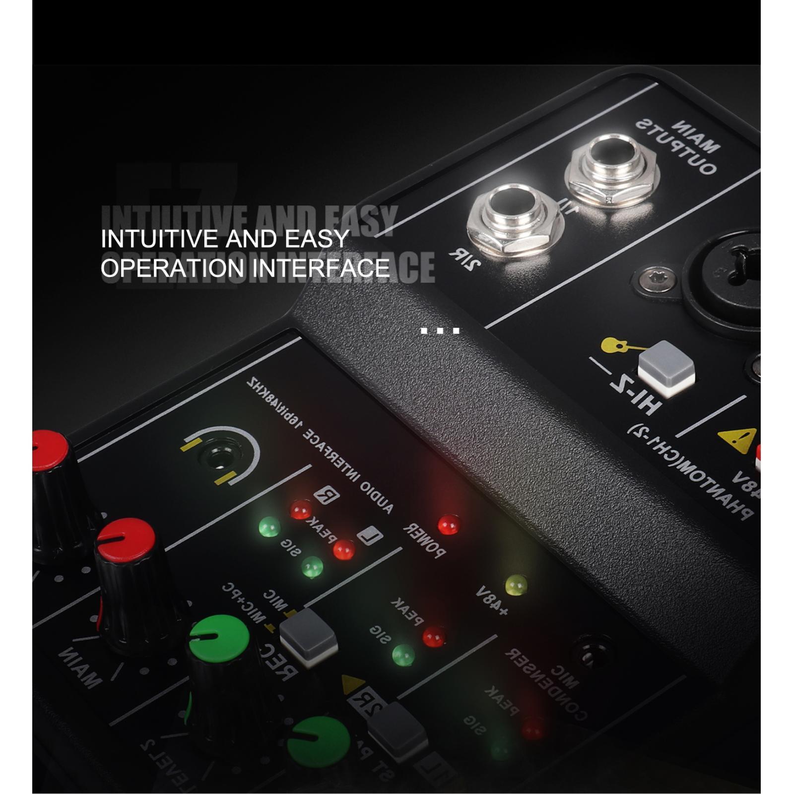 USB Audio Interface, Audio Mixer, 2 Channel with 48V  Power, 16Bit/49 KHz Low Latency Plug and Play for Recording  Podcasting