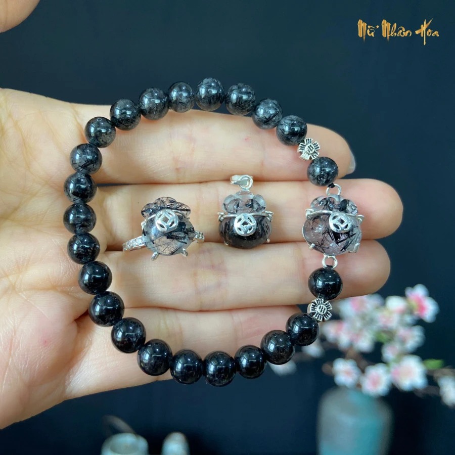 N062 Nhẫn Túi tiền tài lộc thạch anh tóc đen