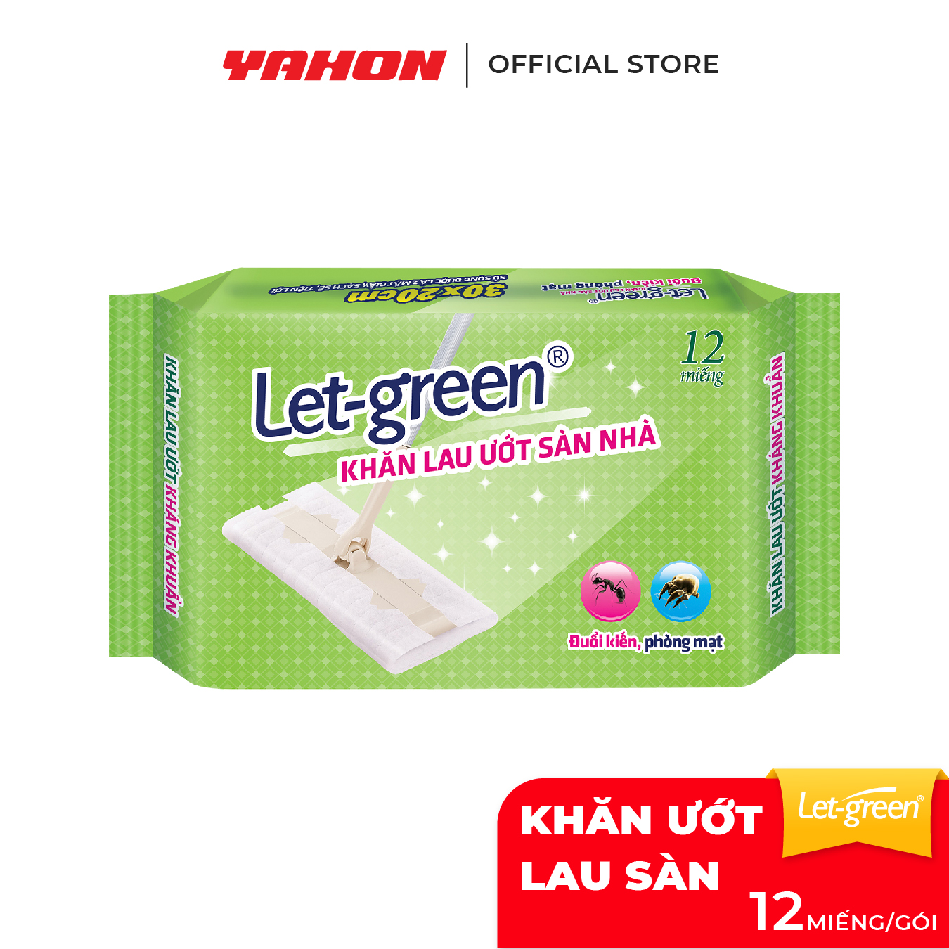 Khăn Giấy Ướt Lau Sàn Nhà LET-GREEN, Kháng khuẩn, Đuổi Kiến, Phòng Mạt, 12 Tờ/Bao