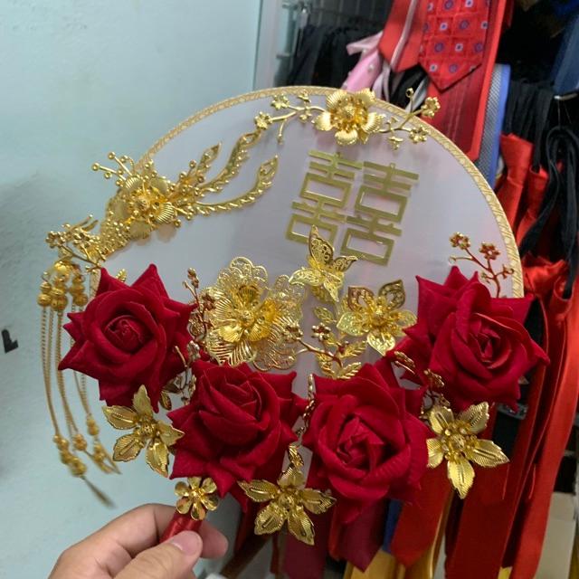Quạt tròn cổ trang - phụ kiện cưới Giang - quạt tròn đính chữ hỷ