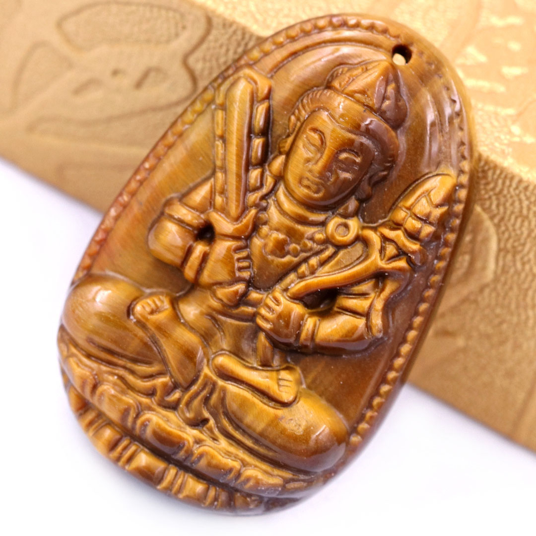 Mặt Phật Hư không tạng đá mắt hổ kèm móc và vòng cổ dây cao su nâu, Mặt Phật bản mệnh