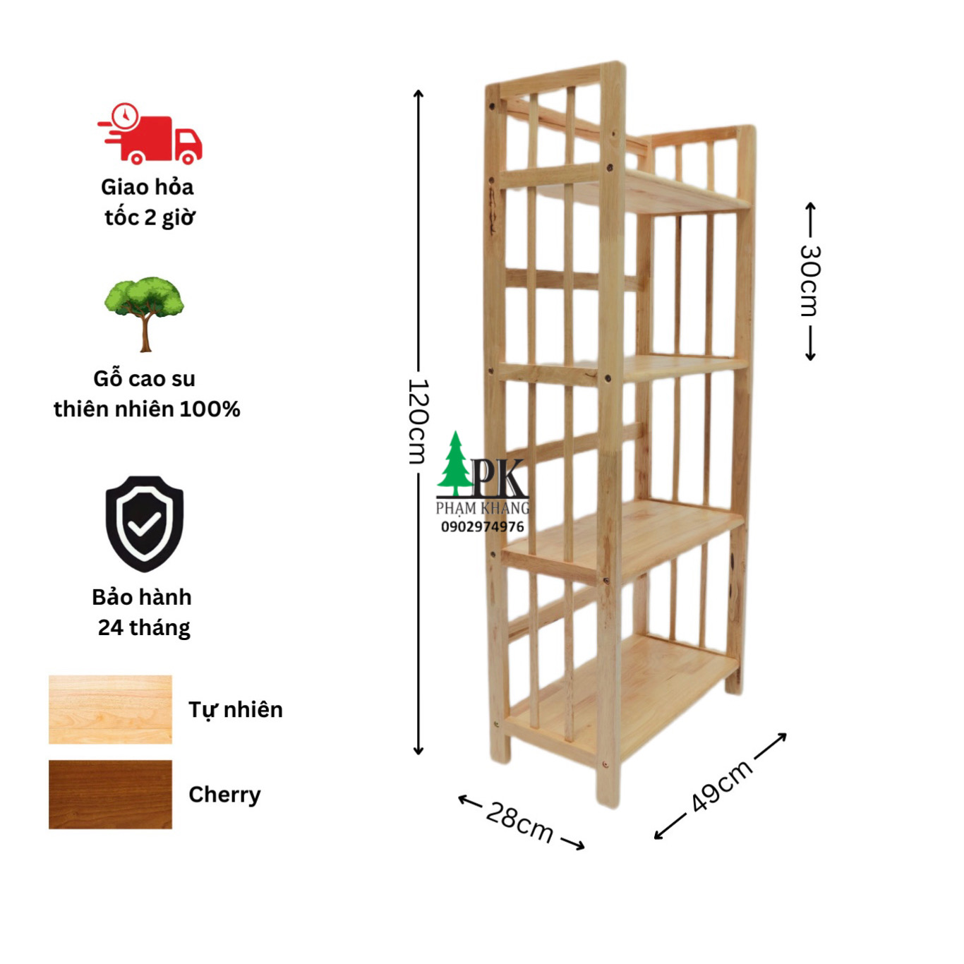 Kệ sách gỗ 4 tầng Phạm Khang - Gỗ cao su tự nhiên màu Gỗ Tự Nhiên/ Vàng Cherry - Kích thước rộng 50 cm