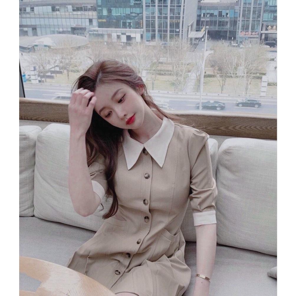 Đầm xoè thiết kế xếp ly cài nút tay phồng phom chuẩn mẫu