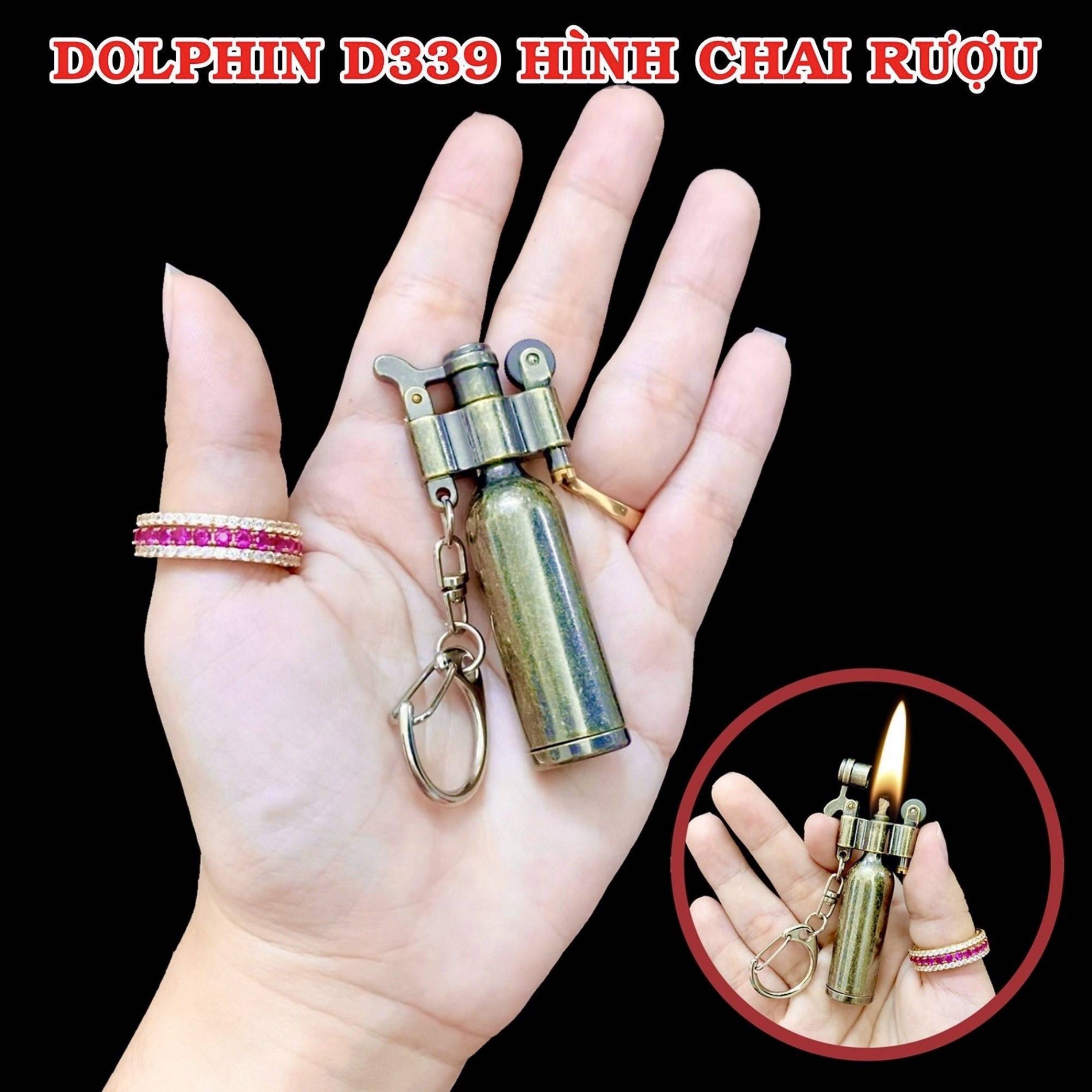 Hột quẹt bật lửa móc khóa Dolphin xăng đá cổ hình chai rượu D339 - xài xăng