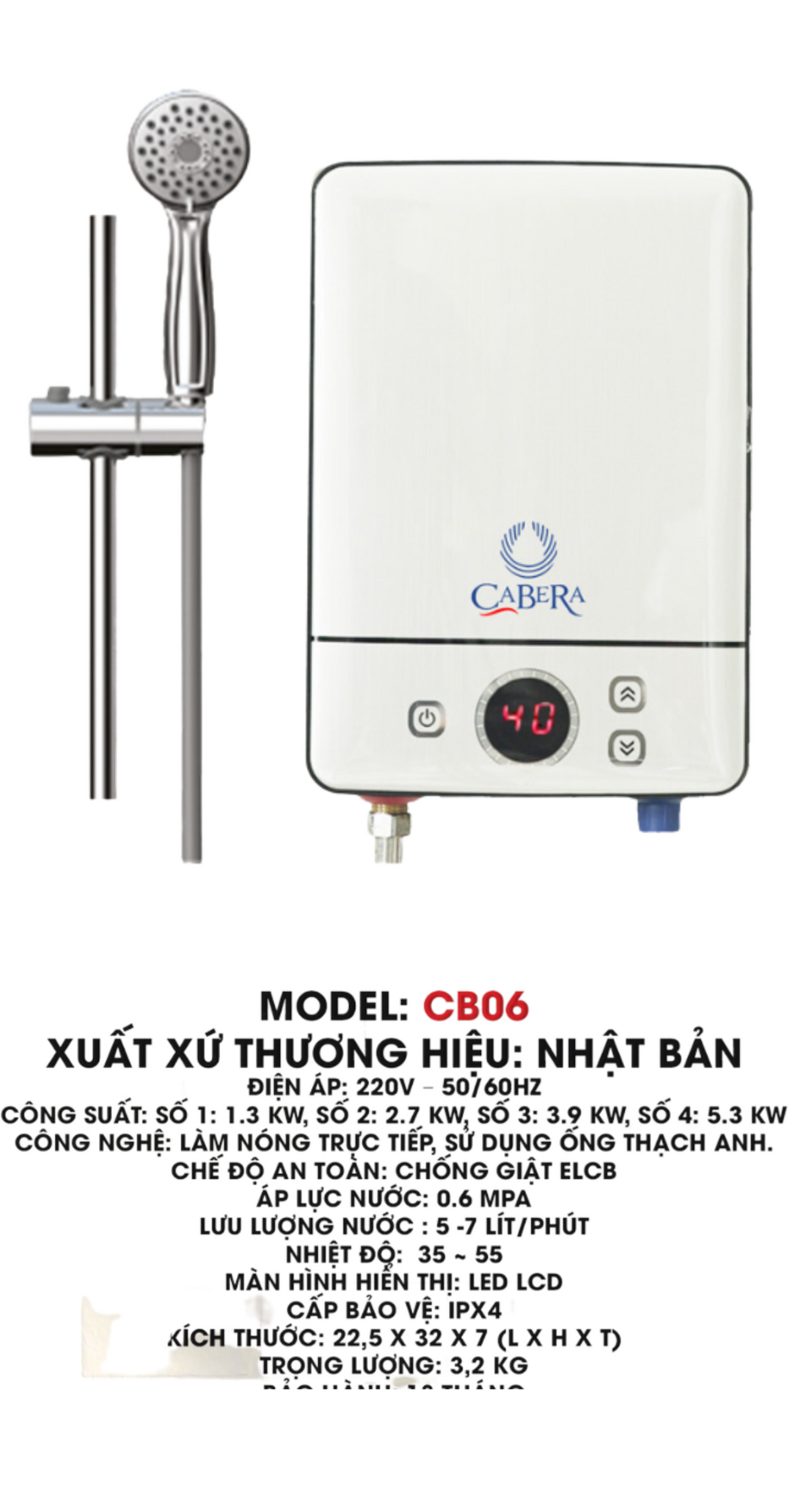 Máy nước nóng trực tiếp hồng ngoại Cabera Model CB06 Hàng Nhập Khẩu