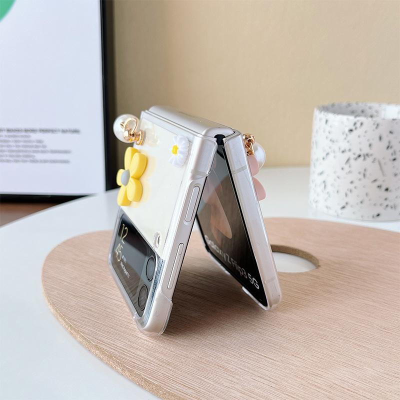 Ốp Lưng Cho Samsung Z Flip 5 / Z Flip 4 / Z Flip 3 Trong Suốt Hoa Nổi Xinh Xắn Kèm Dây Ngọc Trai Xỏ Tay