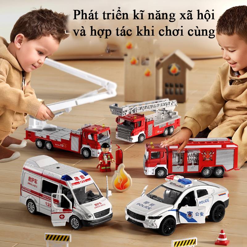 Hộp quà đồ chơi xe cảnh sát xe cứu hoả, cứu thương bằng hợp kim có nhạc và đèn gồm 5 chiếc