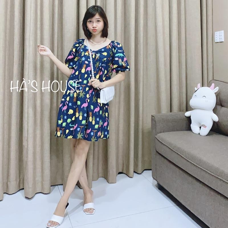 Đầm babydoll hoạ tiết màu xanh than siêu dễ thương