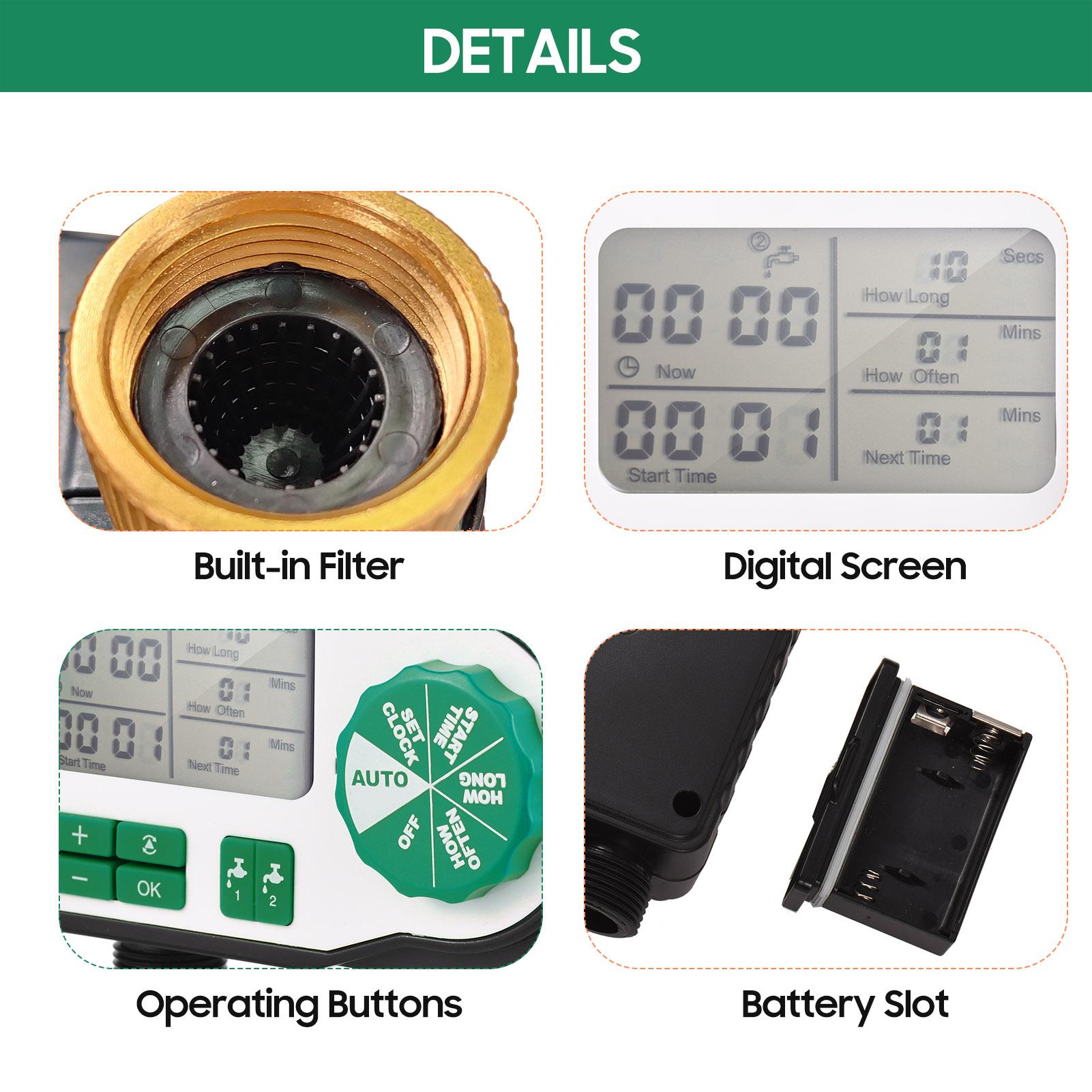 Digital Automatic Watering Timer with 2 Hose Connectors Programmed Garden Irrigation Timer Faucet Sprinkler Intelligent Irrigation Controller for Lawn Farmland Courtyard Greenhouse