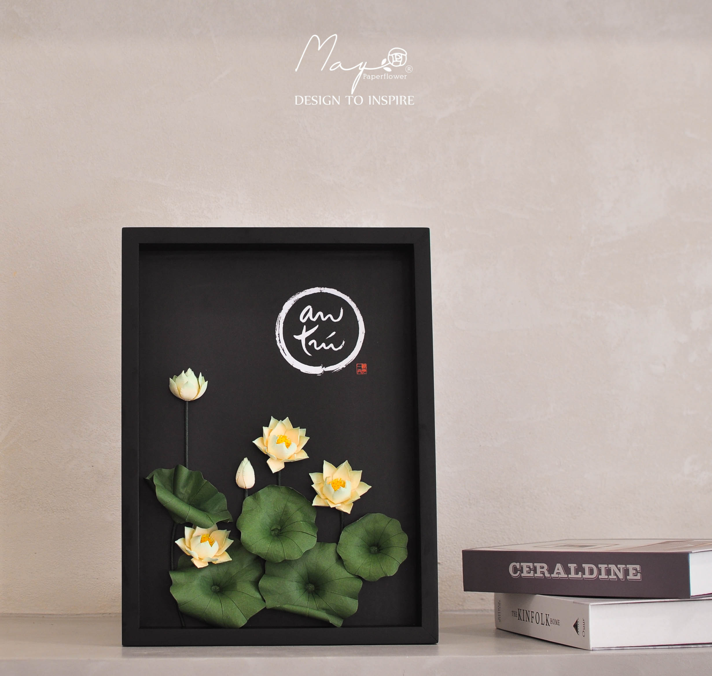 Tranh hoa giấy handmade trang trí cao cấp VIETNAM LOTUS "An Trú" 30x40cm - Maypaperflower Hoa giấy nghệ thuật