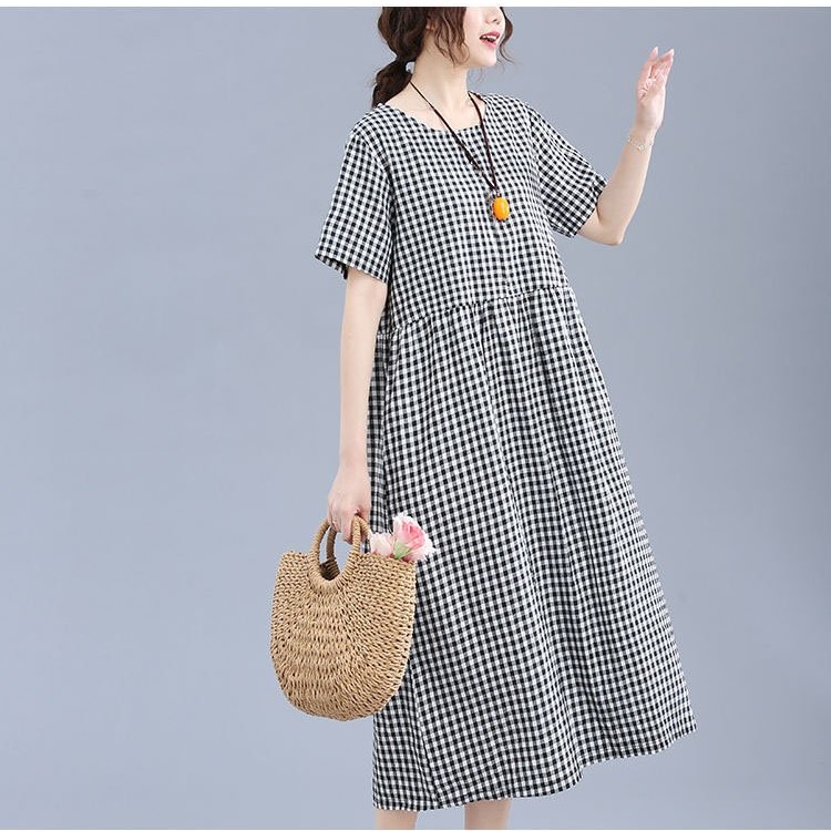 Đầm váy suông nữ caro, Đầm Linen suông kẻ caro xinh dáng xoè form rộng không kén dáng mặc Haint Boutique