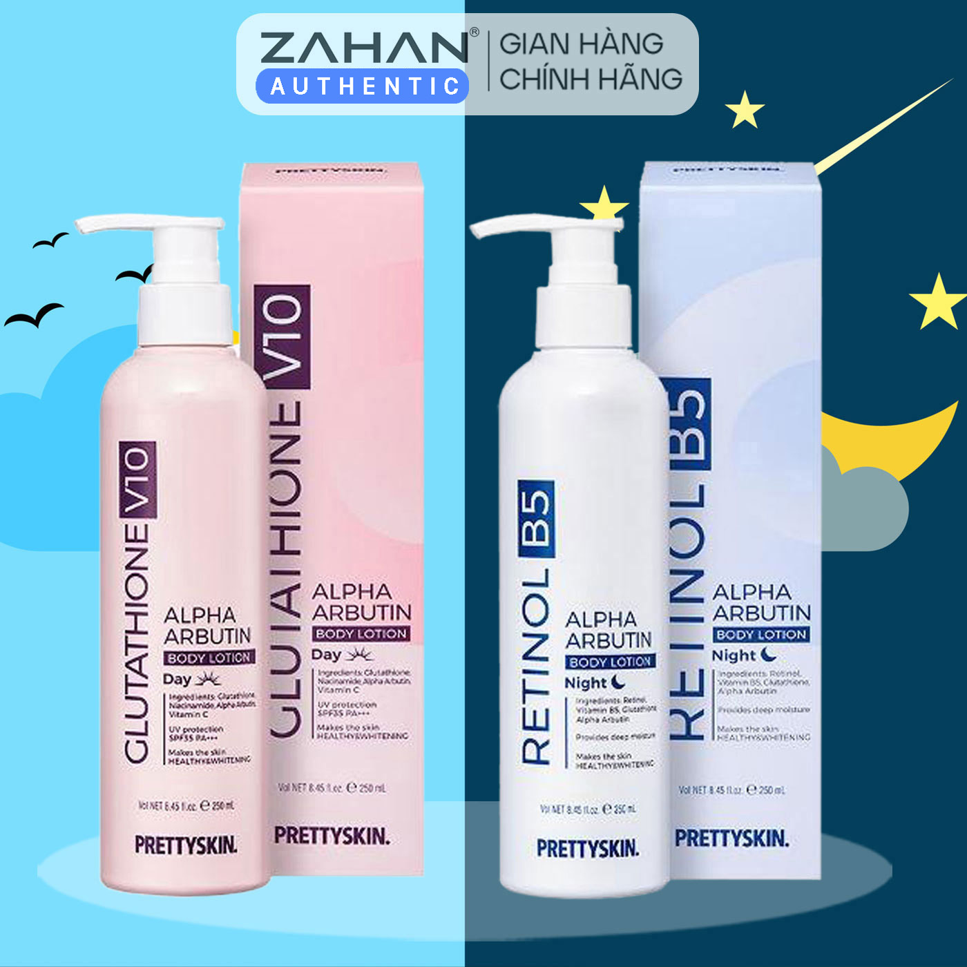 Bộ đôi dưỡng trắng nâng tone body ngày và đêm Prettyskin